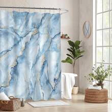 Minimalistyczny zestaw zasłon prysznicowych z marmuru w kolorze niebieskim i złotym (1 szt./3 szt./4 szt.), zestaw mat podłogowych z poduszką na deskę sedesową, minimalistyczna zasłona prysznicowa z nadrukiem marmurowym, idealna do dekoracji łazienki, uniwersalna dekoracja pokoju, zestaw dekoracji wnętrz, akcesoria łazienkowe, zasłona do wanny, zestaw zasłon prysznicowych z poduszką na deskę sedesową - Niebieski - Zobacz 1