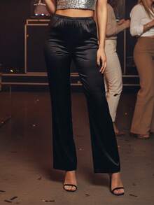Women Satin Wide Leg Dressy Pants Silky Casual Dressy Long Flowy Pants Elastic High Waisted Trousers For Spring Summer - 黑色 - 查看 2