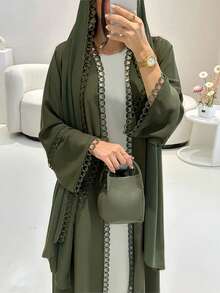 Open Abaya Set With Lace Trim & Chiffon Headscarf - Lightweight, Modest & Breathable For Spring/Summer - Olive Green - View 4
