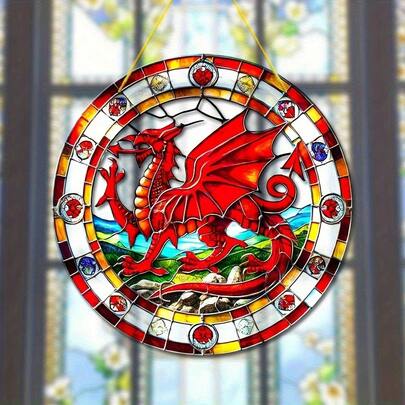 2D Flat, 1 Piece, Vibrant Style Circular Acrylic Colorful Wall Art - Multicolored Welsh Dragon Design With Sunset And Mountain Landscape, Ideal For Home, Garden Or Room Decor, Perfect Housewarming Gift, Garden Decoration | Vibrant Wall Art | Detailed Craftsmanship, Dragon Decor