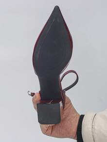 女士纯色西部风格优雅性感搭扣尖头粗跟办公凉鞋 - 酒紅色 - 查看 7