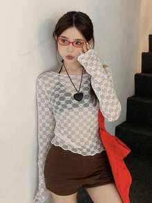 Women's Floral Mesh Long Sleeve Sheer Design T-Shirt - White - View 4