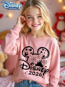 Officially Authorized By Disney, "Disney 2026" Pattern, Girls' Round-Neck Hoodie, Comfortable Material, Bright Color, Suitable For Autumn And Winter, Outdoor Sports - 粉色 - 查看 1