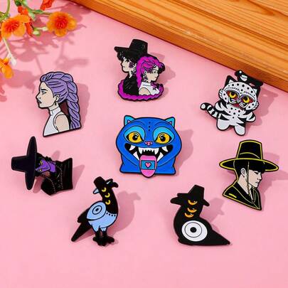 1枚K-POP女巫狩猎主题合金胸针，女巫狩猎主题动漫徽章，可爱小老虎乌鸦金属徽章配饰，时尚可爱装饰品，服装配饰，小礼物，演唱会礼物