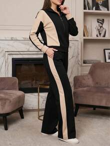 Women's Autumn/Winter 2 Pieces Set - Striped Patchwork Top Jacket Paired With Striped Patchwork Pocket Long Pants - Black - View 5