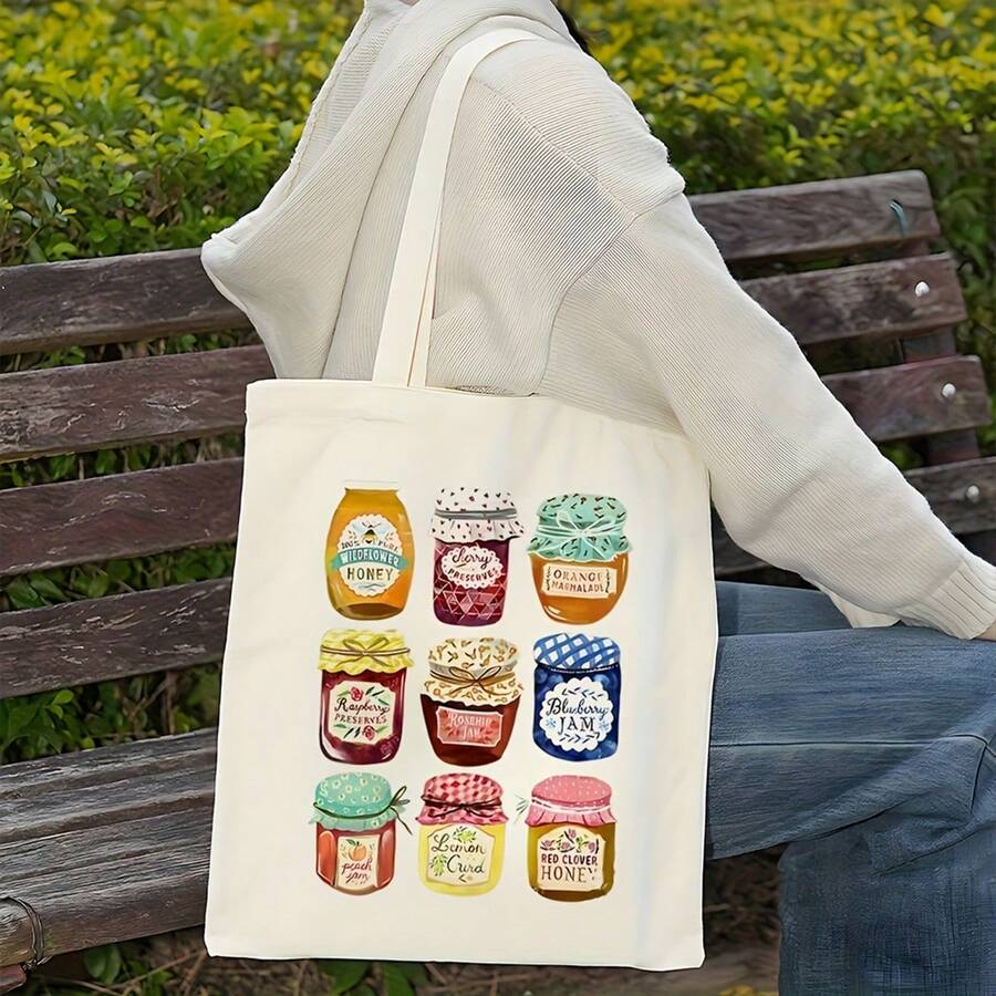 A Canvas Tote Bag Featuring Illustrations Of Jam And Honey, Adorned With Colorful Designs Of Jars. This Stylish, Spacious Shopping Bag Is Durable And Multifunctional, Making It Perfect For Shopping, Travel, And Everyday Use. It Is A Reusable Shoppin - 白色 - 查看 1