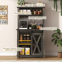 31.5" Farmhouse Coffee & Wine Bar Cabinet With LED Light, Sliding Barn Door & 2 Storage Hutches - 深色鄉村橡木 - 查看 6