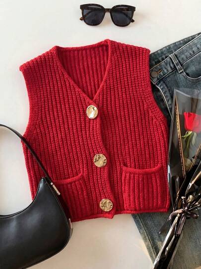 JTI كارديجان محبوك أنيق أحمر بياقة على شكل حرف V بدون أكمام، كنزة صوفية محبوكة بدون أكمام بأزرار معدنية وجيبين، أنيقة وعصرية مناسبة لمناسبات عيد الحب