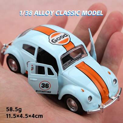 1 pieza (en bolsa) Coche a escala 1/38, combinación de dos colores. Juguete para niños, vehículo de juguete de estilo antiguo parcialmente de aleación de zinc. Juguete de arte retro. Juguete de tipo vintage, coche de juguete de aleación fundida de alta calidad, imitando un escarabajo antiguo y lindo. Decoración familiar retro. Mecanismo de retroceso, se pueden abrir ambas puertas laterales. Juguete para niños. Adecuado para niños a partir de 3 años. Coche de juguete de aleación individual, regalo de vacaciones, colección de juguetes, regalo de cumpleaños, coche de juguete exquisito. - COCHE - Azul claro