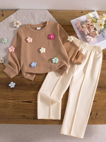 2pcs Girls Casual Flower Decor Round Neck Long Sleeve Sweatshirt And Pants Set, Spring/Autumn