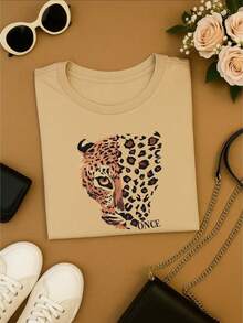 Women's T-Shirt/Blouse, 100% Cotton, With Leopard Print, Once Animal Print Fashion - Beige - View 2