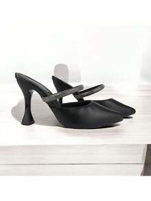 Women's Mule Shoe With Rhinestone Strap, High Heel, 9.5cm Cup, Madame Winter Collection 2026 - Camel - View 4