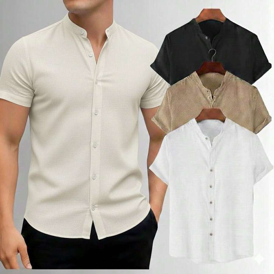 Men's Slim Fit Dress Shirt With Mandarin Collar And Short Sleeves - 香檳色 - 查看 1