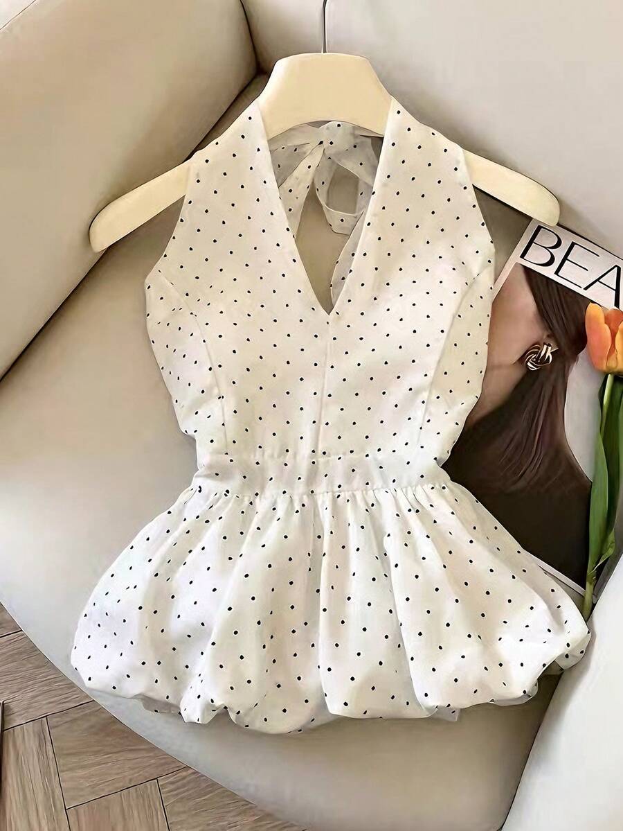 女士波点吊带系带休闲优雅百搭V领修身露背蝴蝶结下摆短款背心，春夏款，女士夏季穿搭，夏季上衣，女士沙滩装，女士外套，度假，海边，荷叶边，波点 - 黑與白 - 查看 1