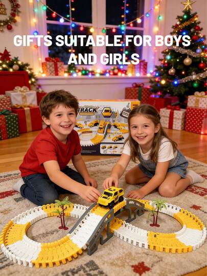 135件套儿童赛车轨道搭建玩具套装，包含工程卡车和赛车玩具，灵活的工程道路，电池供电（36V及以下），适合3-12岁男孩女孩，电动轨道赛车玩具，可连接轨道，非常适合作为圣诞节、复活节、万圣节、新年、生日礼物，不含电池