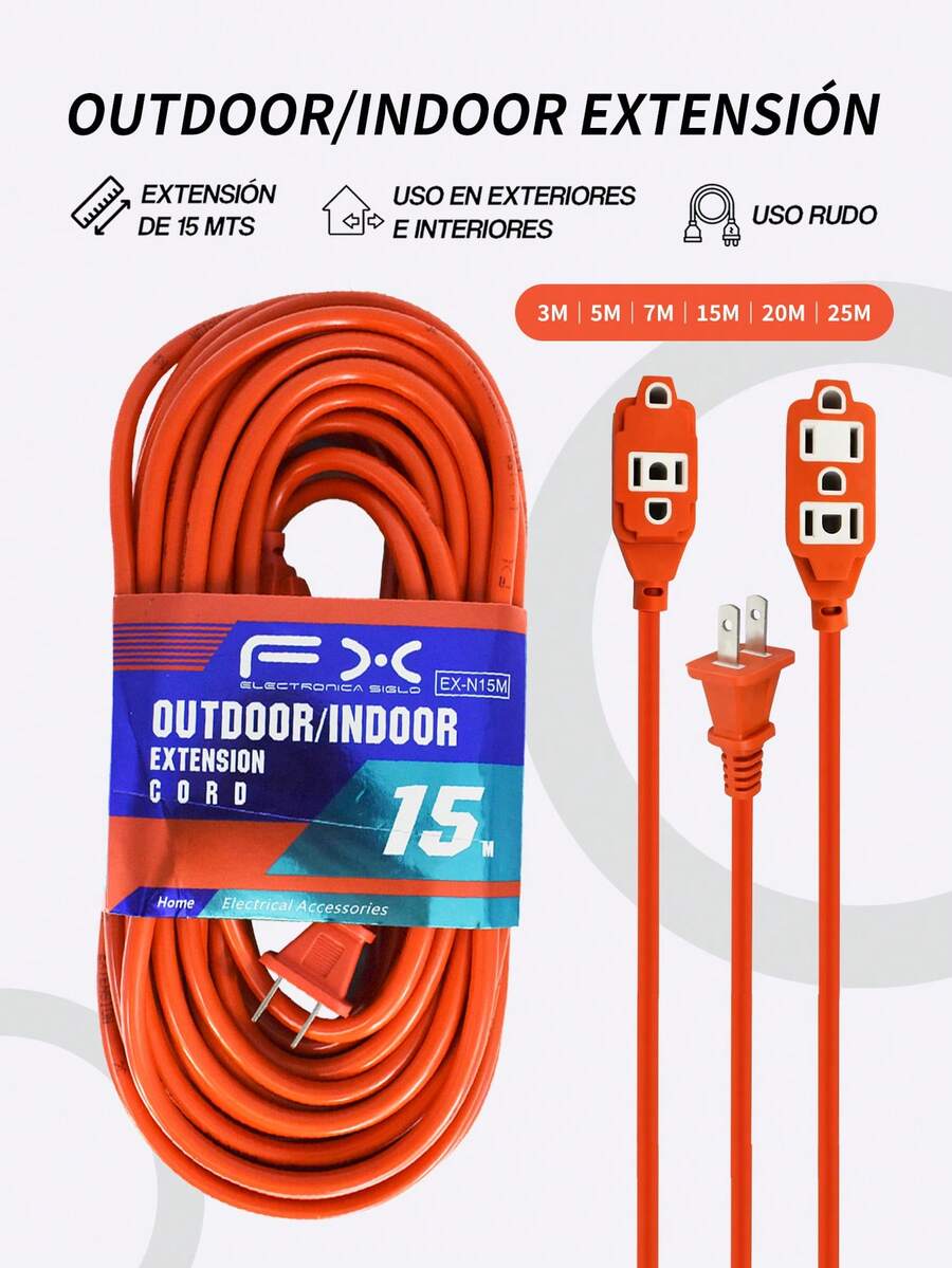 1 Pieza Cable de extensión para uso al aire libre, resistente y durable, compacto,Extensión Eléctrica de 3M/5M/7M/15M/20M/25M, Metros Para Hogar Oficina Uso Interior 3 Regleta, Extensión uso rudo, extensión uso domestico, Multicontacto, Enchufe eléctrico.