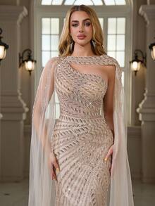 Sequin & Lace Embroidered Shawl, Mesh Overlay Mermaid Hem Zipper Back Elegant Sexy Bodycon Evening Gown - Champagne - View 3