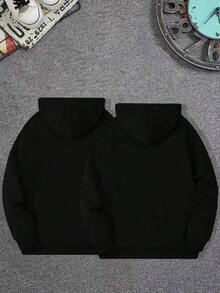 Sudadera con capucha con cordón con estampado de pareja con bolsillo de canguro - Negro - Ver 2