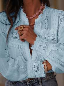 白色宽松女式衬衫，休闲办公装，秋季穿搭，返校季，演唱会上衣 - 淺藍色 - 查看 3