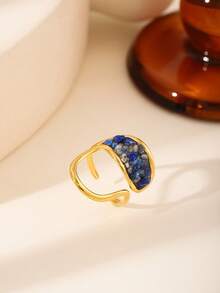 Lapis Lazuli Chip Open Ring For Women - Crescent/Rectangle/Butterfly/Teardrop Shaped Open Jewelry, Suitable For Retro Luxury, Daily/Casual Wear - Gold - View 4