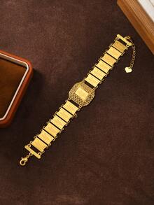 1pc Middle Eastern Saudi Arabian Style Gold-Plated Copper Wide Square Udan Rose Carved Women Chain Bracelet, Suitable For Women To Wear During Ramadan - Yellow Gold - View 5