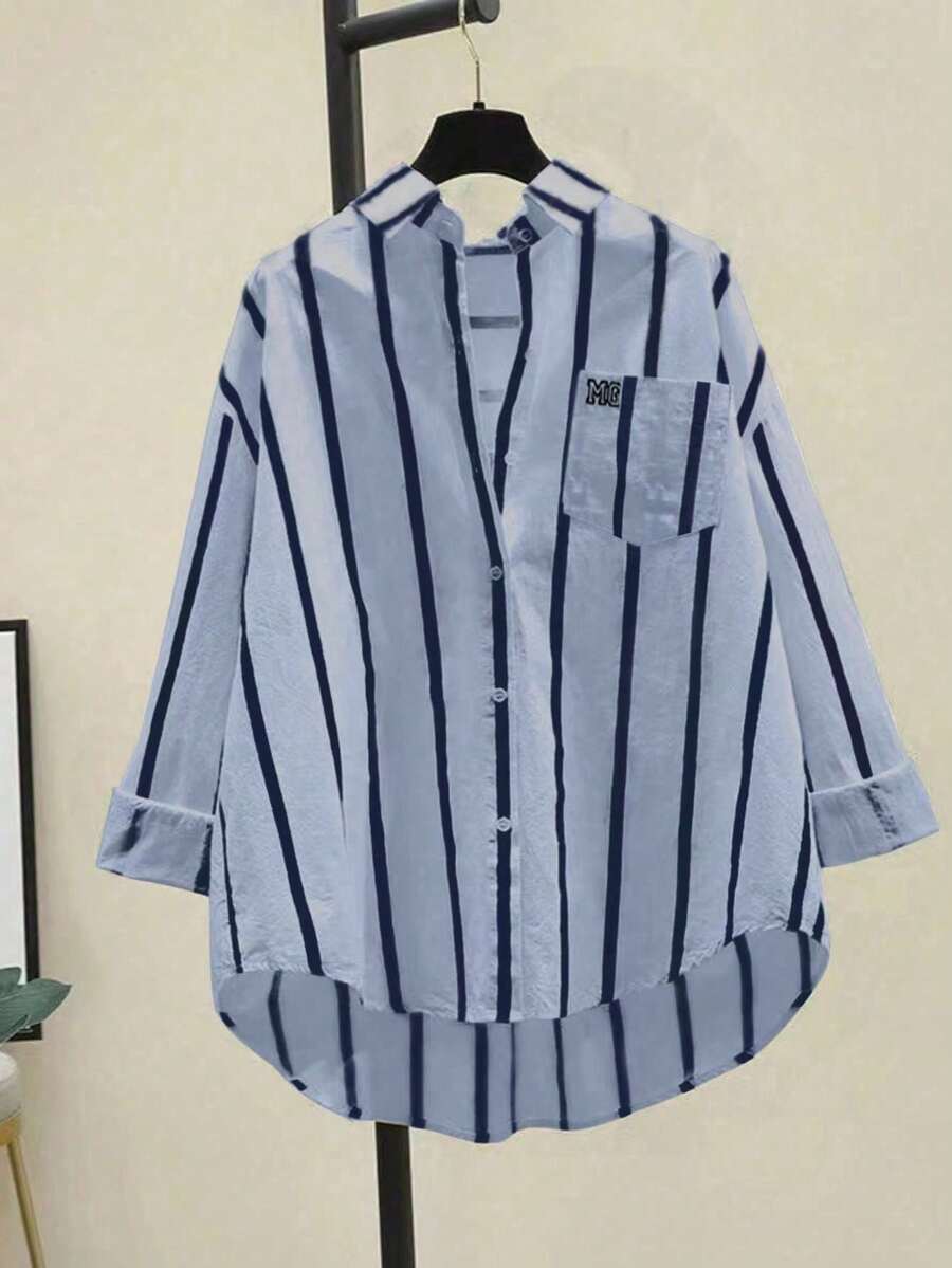 Striped Fashionable Drop Shoulder Loose Patchwork Pocket Shirt Spring - Dark Wash - View 1