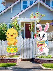 2pcs Easter Garden Decor Cute Rabbit And Chick Outdoor Lawn Stake, Perfect For Spring Party Supplies, Large Happy Bunny Decoration, Garden Yard Lawn Decor - Multicolor - View 7