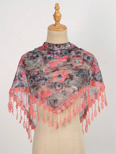 1pc Fashionable Colorful Rose Floral Print Lace Tassel Scarf, Suitable For Daily Wear
