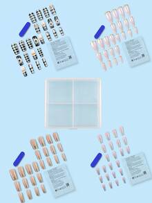 96片/套，4款黑白格纹花卉图案美甲贴纸，闪亮法式假指甲，亚克力美甲贴纸，包含4片果冻胶和4把指甲锉，适合派对、活动和日常佩戴。女士和女孩适用。包含美甲工具。绝佳的礼物之选。可塑形美甲套装 - 彩色 - 查看 3