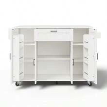 Kitchen Island With Fold-Down Worktop, Rolling Cart, 4-Door And 1-Drawer Kitchen Unit, Integrated Spice Racks In The  , Double-Sided Towel Rail, White, 120 * 45 (70) * 9 - White - View 10