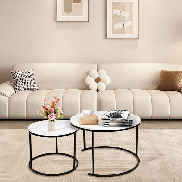 Conjunto de 2 mesas nido, estilo moderno, estructura de metal, tablero de madera, mesa auxiliar 60 * 60 * 45 cm / 40 * 40 * 38 cm, disponible en varios colores