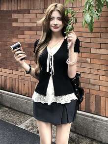 韩式蕾丝拼接短袖上衣，修身显瘦设计，独特夏季上衣，黑色 - 黑色 - 查看 3