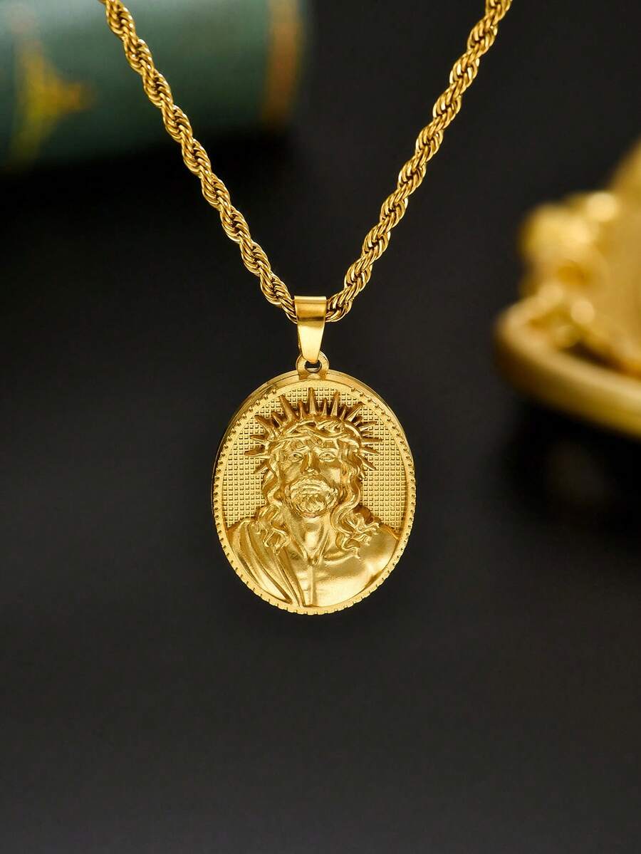 1pc Men's 18K Gold Plated Embossed Crown Of Thorns Jesus Head Oval Pendant Necklace, Christian Themed Stainless Steel Gold Plated Unisex Accessory, Suitable For Easter Service And Daily Wear For Christians - Gold - View 1