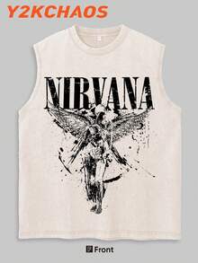 Y2KCHAOS 250g Washed Pure Cotton Vest Men's Vest Grunge Rock Style Vintage Band Artwork  Inspired Graphic Sleeveless Top For Music Lovers And Casual Wearers With Bold Print Design - 杏色 - 查看 3