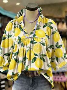 女士清新度假风柠檬印花V领荷叶边宽松喇叭袖衬衫，春夏款 - 黃色 - 查看 3