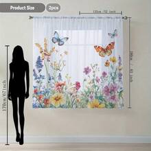 2 piezas de cortinas transparentes con estampado de flores y mariposas en acuarela, impresión 2D, adecuadas para la decoración de ventanas primaverales, estilo de hogar fresco, aplicables para cocina, cafetería, sala de estar, dormitorio, jardín, con bolsillo para barra - Multicolor - Ver 13