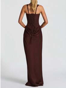 1pc Women's Solid Color Elegant Bodycon Long Sleeve Deep V Dress