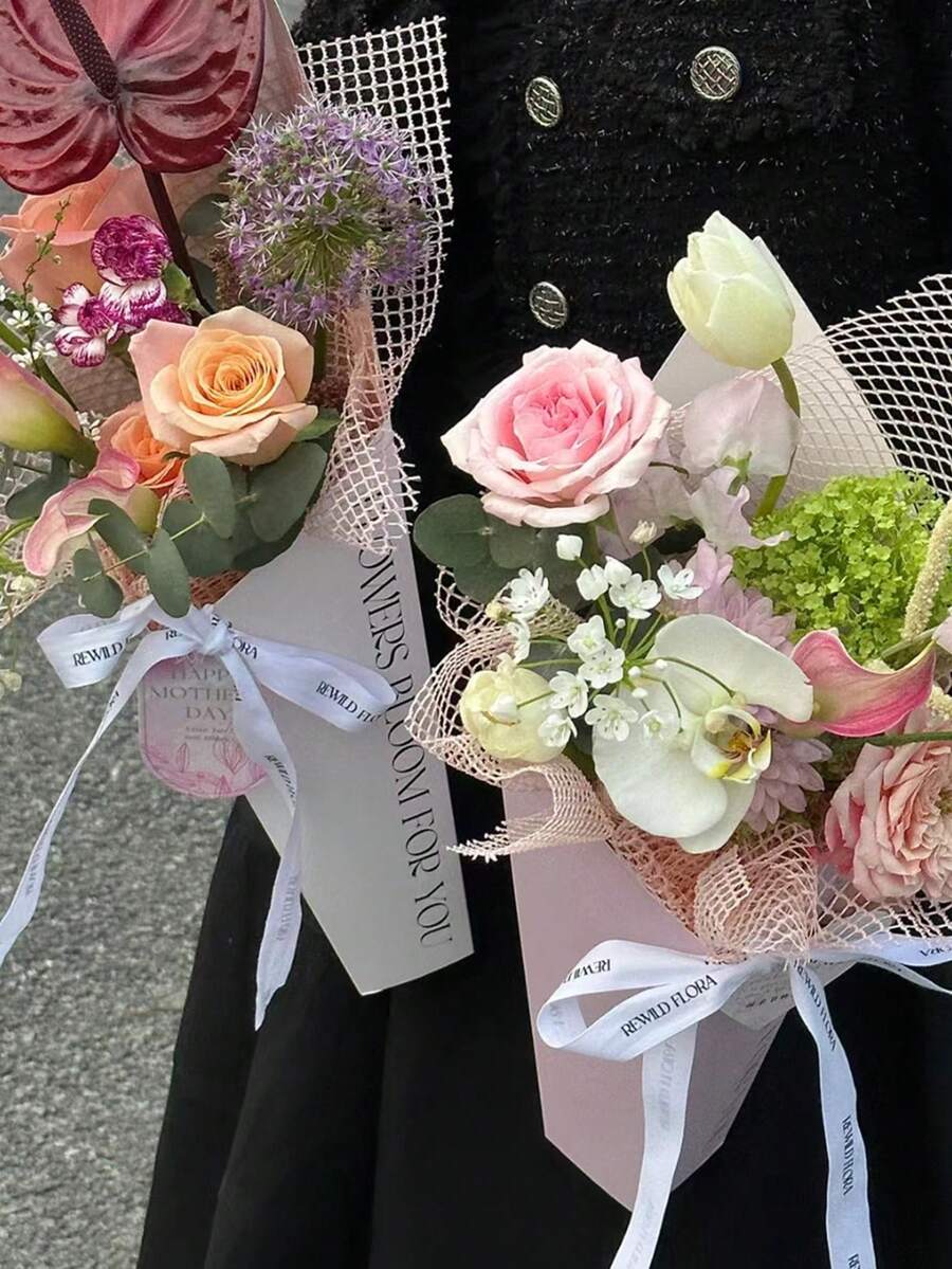 鲜花拥抱桶 | 玫瑰花束包装盒手提用品 | 节日、婚礼、生日派对鲜花礼品袋 - 彩色 - 查看 1
