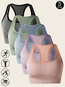 5 件套无缝运动背心，舒适纯色女士胸罩