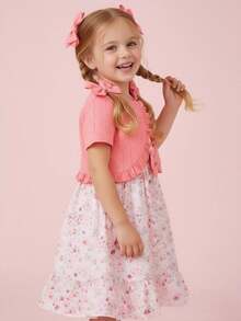 女童春夏针织镂空露脐上衣和印花蝴蝶结无袖连衣裙两件套休闲装 - 粉色 - 查看 8