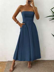 Unadoll 女士无肩带拉链休闲优雅连衣裙，适合海滩度假、旅行、约会、音乐节、返校季和圣诞节等场合。 - 藏蓝色 - 查看 8