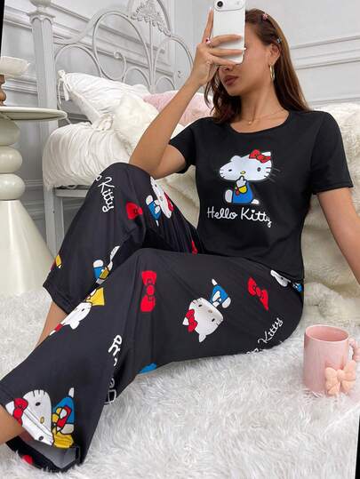 Sanrio 三丽鸥Hello Kitty女士短袖长裤睡衣套装，轻薄春夏睡衣，新款设计