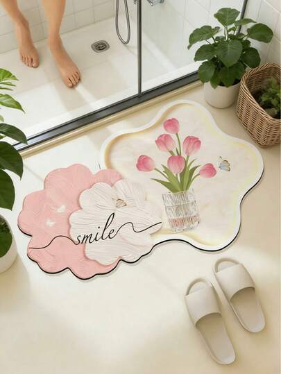 1 Pc Diatom Mud Bathroom Mat, Tulip Flower Design Floor Mat, Bathroom Decoration,Water Absorbent, Quick Drying, Easy To Clean Bathroom Rug, Suitable For Bathroom Kitchen Bedroom Entrance, Home Decoration Rug, Holiday Decoration