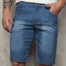 Men's Plain Denim Bermuda Shorts With Elastane - Medium Wash - View 1