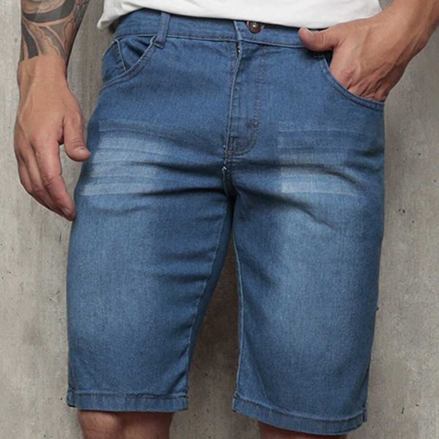Men's Plain Denim Bermuda Shorts With Elastane - Medium Wash - View 1