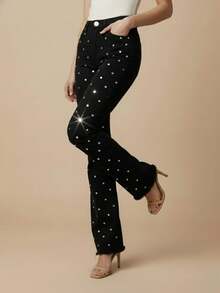 pthirillo Women's Black Flare Jeans With High-Waisted Butt-Lifting Effect And Rhinestone Detail. - 鏡子標誌 - 查看 2