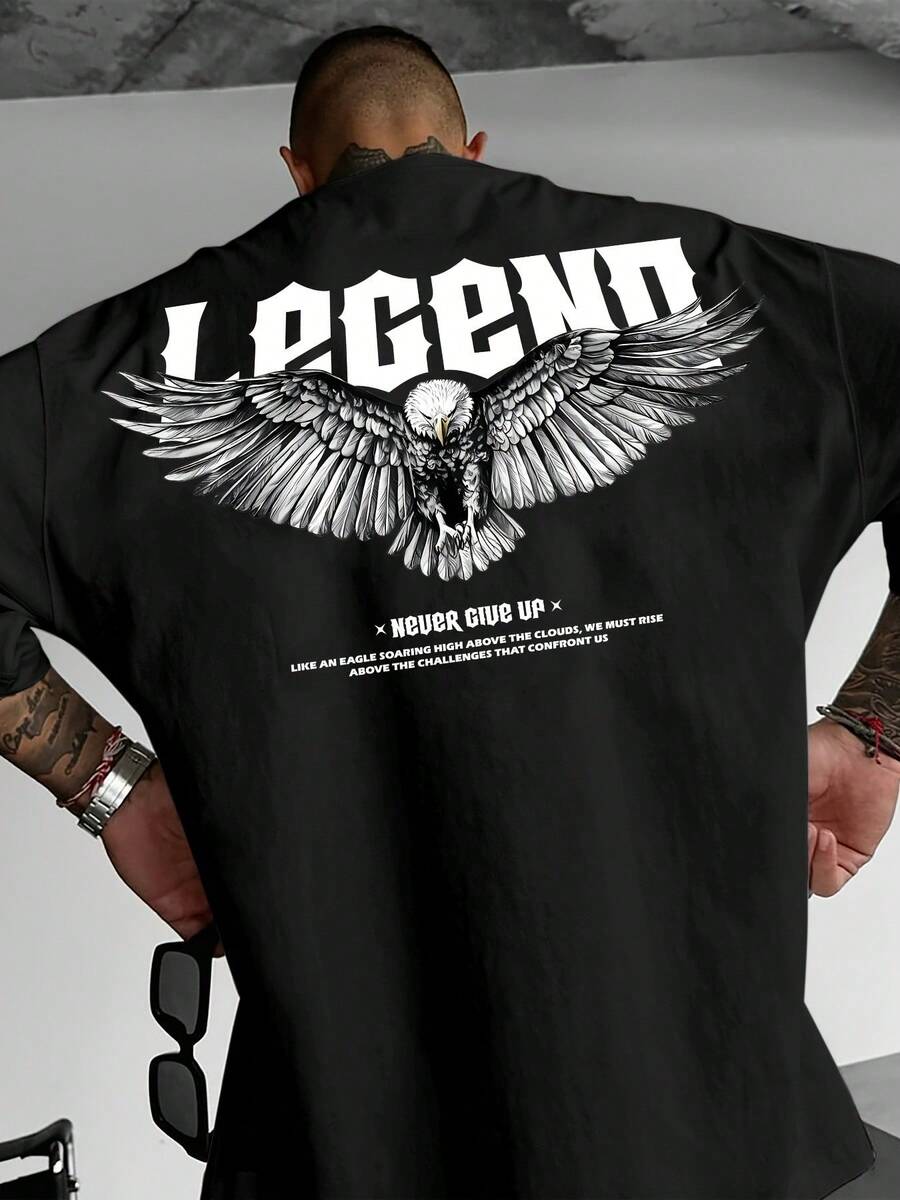 Men's Streetwear T-Shirt With Graphic Print - "Never Give Up" Featuring Wing And Skull Design, Loose Fit, Casual Short Sleeve, Light Beige Summer Top, Machine Washable, Motivational Clothing | T-Shirt With Back Print | Durable Casual Apparel - 黑色 - 查看 1