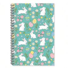 1 Fresh Spring Flower Cute Rabbit Notebook - Seamless Printed Cover Of Little White Rabbit And Cherry Blossom Egg On Cyan Background, Spiral Binding, Eye Protection Dowling Paper, Suitable For Campus Notes, Wrong Title Finishing Or As A Notepad, Easter Gift | School Supplies | Stationery, 5.5 * 8.3 Inches - 1pc - View 1