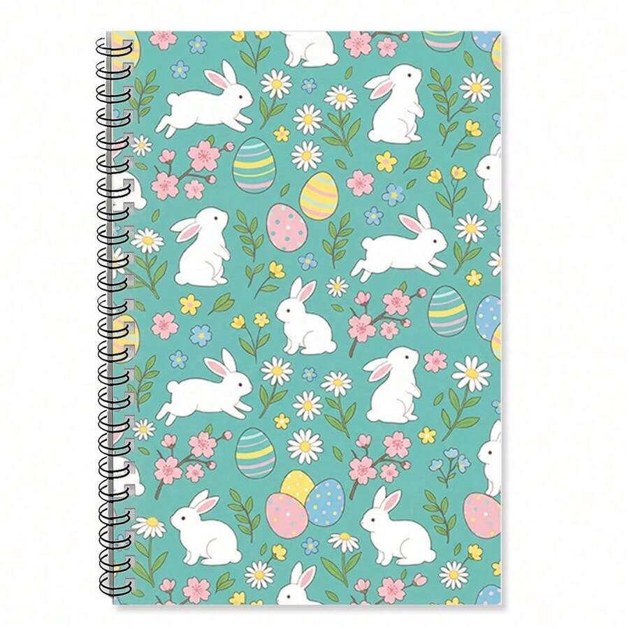 1 Fresh Spring Flower Cute Rabbit Notebook - Seamless Printed Cover Of Little White Rabbit And Cherry Blossom Egg On Cyan Background, Spiral Binding, Eye Protection Dowling Paper, Suitable For Campus Notes, Wrong Title Finishing Or As A Notepad, Easter Gift | School Supplies | Stationery, 5.5 * 8.3 Inches - 1pc - View 1