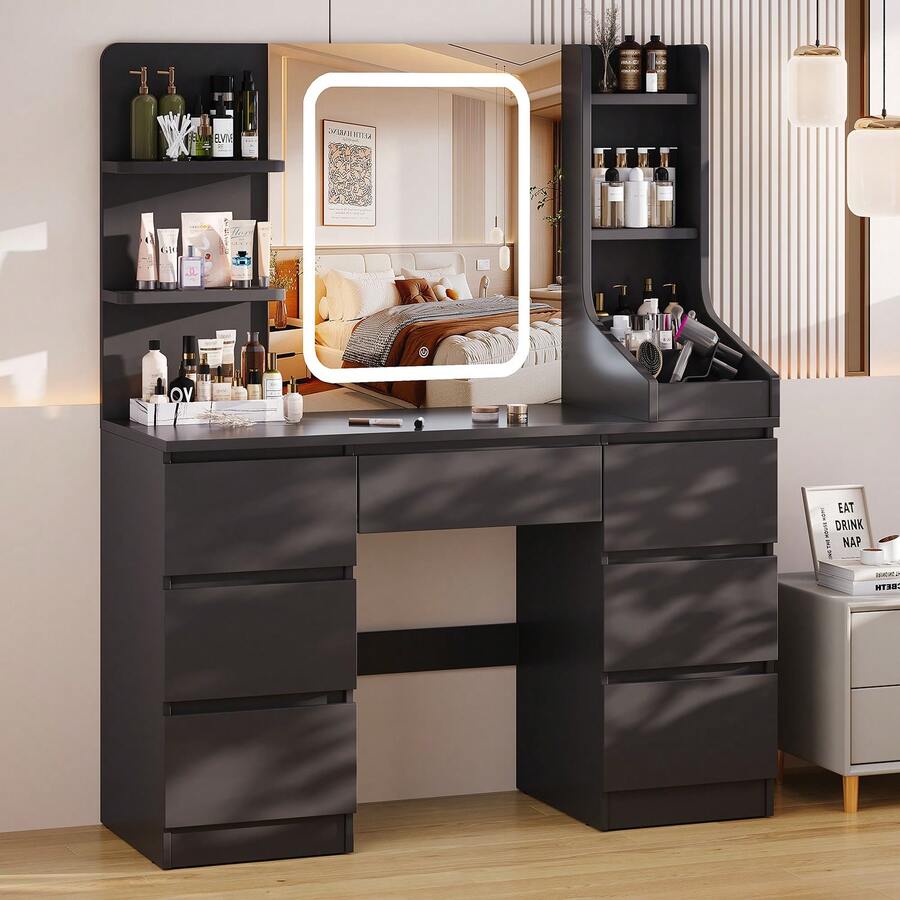 DEVOKO Dressing Table With Mirror And Stool, Vanity Table With LED Lights, Adjustable Brightness, Makeup Desk With 7 Drawers And 4 Shelves, Modern,Black - Black - View 1